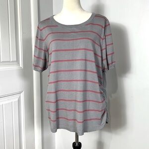 LANE BRYANT OUTLET SWEATER SZ 22/24 GRAY PINK STRIPE RUCHED SIDES SHORT SLEEVE